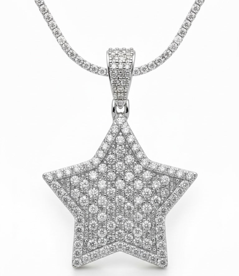 The Star Orbit Pendant with a 2mm tennis neck chain